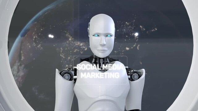 A futuristic robot symbolizes the concept of social media marketing with digital graphics highlighting communication trends and data analytics for innovative strategies. Synapse