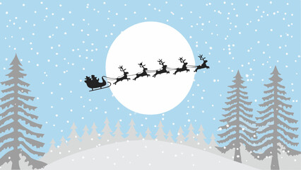 Santa claus and reindeer silhouetted against a full moon in winter © Songita