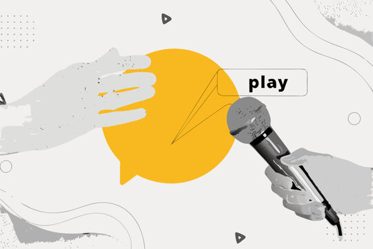 Hands reaching towards a microphone with the word play displayed