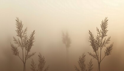Fototapeta premium Symmetrical silhouettes of feathery foliage emerge from a warm, hazy background, creating a sense of depth.