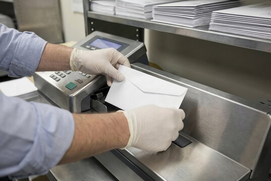 Office worker wearing white gloves feeding a blank white business envelope into a metal postage meter machine