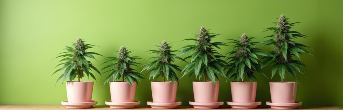 Five cannabis plants grow in pink pots in row. Green background with copy space. Plants show buds, green leaves, representing growth. Suitable for articles on cannabis cultivation legalization topics.