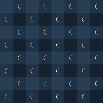 Seamless navy blue gingham background featuring simple moon shapes in a flat graphic design