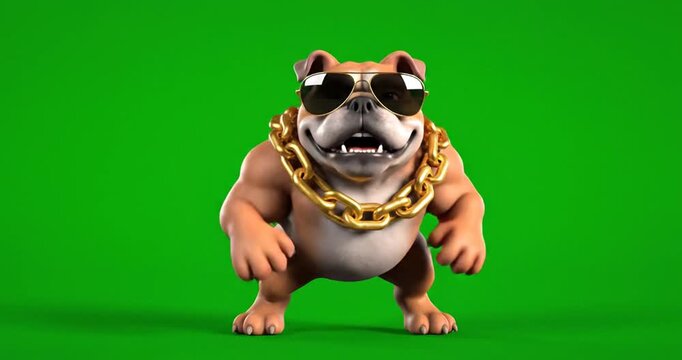 Cartoon Dog Dancing on Green Screen - A 3D video cartoon dog is dancing and smiling. He is wearing sunglasses and a gold chain, isolated on a green chroma key background