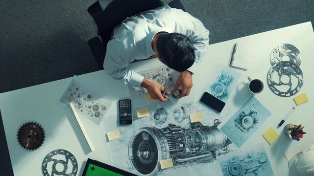 Top down view of skilled engineer writing and planning turbine engine design while sitting at meeting table with gear and electronic generator scatter around. Technician taking a note. Alimentation.