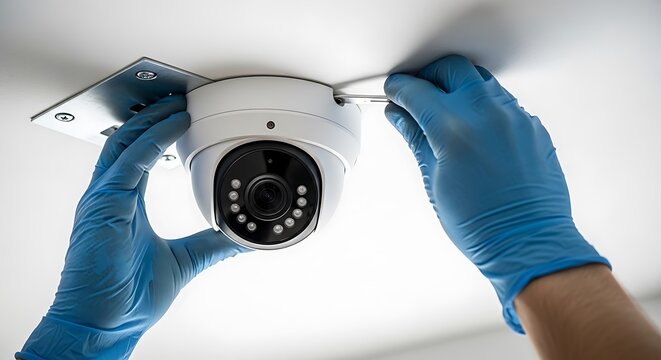 A person wearing blue gloves installing a white security camera on a ceiling