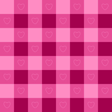 Seamless pink gingham background featuring simple heart shapes in a flat geometric illustration style