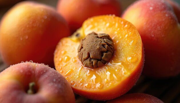 Close up view of wet apricots. One fruit is halved showing textured brown seed. Ripe orange yellow flesh glistens with water drops. Healthy juicy summer fruit.