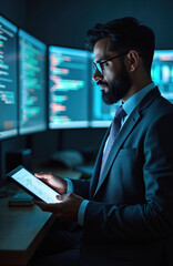 Fototapeta premium Man in suit with glasses uses tablet. Multiple computer screens show code. He looks at data, analyzes graphs, works in dark office. Business professional in tech.