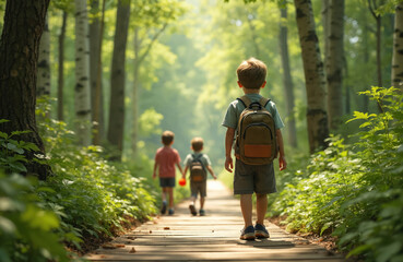 Obraz premium Children with backpacks walk on wooden path in green forest. Boys explore nature on a sunny day. Friends enjoy summer outdoor adventure in a rich woodland park.