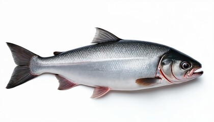 Obraz premium Whole light gray fish with scales, fins, tail, and open mouth rests on a clean white backdrop. This aquatic creature is perfect for food, health, or market content.