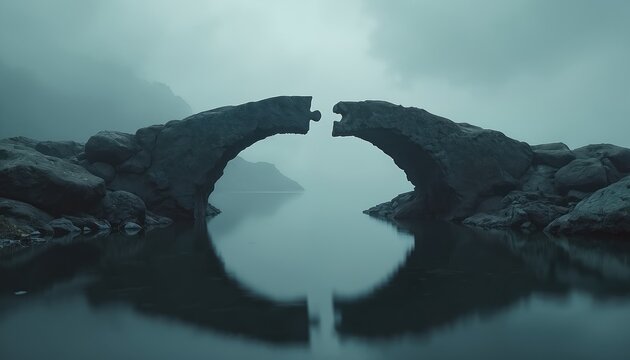 Stone bridge with gap like puzzle piece missing over dark water. Represents disconnection or lack of teamwork. Symbolizes challenge overcome or problem needing solution.