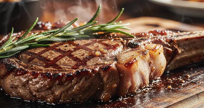 Macro 4K shot of grilled tomahawk steak topped with fresh rosemary. Juicy, tender meat and grill marks captured in delicious HD detail