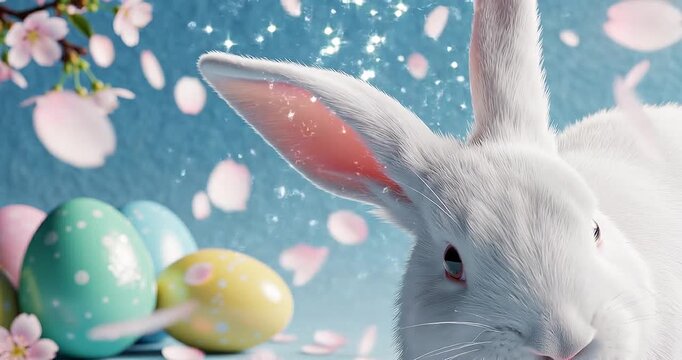 White rabbit ear on pastel blue background. Easter day. 3d rendering