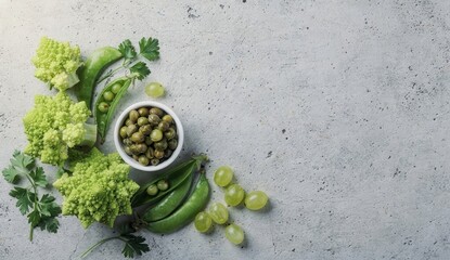 Green vegetables and peas arranged on light concrete background with copy space, fresh produce flat lay featuring lettuce, cucumbers and herbs for healthy food and diet design use.