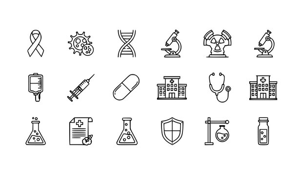 Black outline oncology icon set with cancer ribbon tumor DNA therapy treatment and medical research symbols