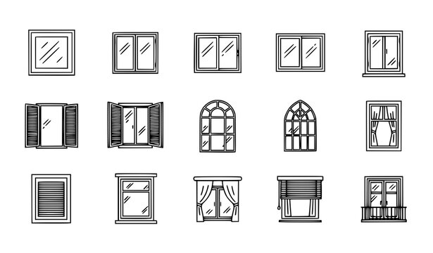 Window outline icon set with open sliding balcony and house window symbols modern line vector collection