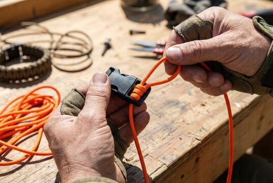 Hands weaving a survival bracelet from bright orange paracord and a black plastic buckle
