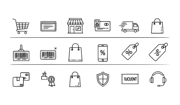 Simple commerce line icon set with ecommerce cart payment delivery package and web shop symbols