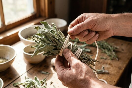 Hands tying white cotton string around a bundle of fresh sage leaves to make a smudge stick