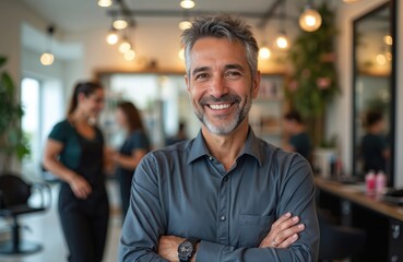 Obraz premium Smiling man with gray hair and beard stands in beauty salon. He wears a gray shirt and watch. Employees work in background. Business owner oversees his team in modern salon.
