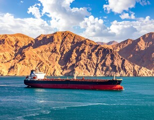 Fototapeta premium Oil tanker ship sailing through a dramatic mountain strait at sunset