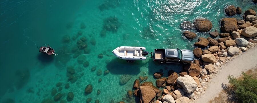 Aerial view of inflatable boat on trailer towed by truck from sea to rocky shore. Smaller dinghy floats nearby in clear turquoise water. Transportation and leisure activity.