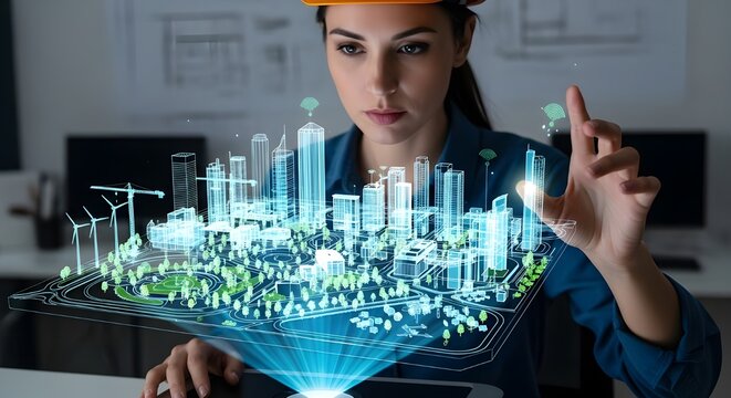 Female engineer using a 3D holographic model of a smart city construction project. Concept of futuristic urban planning, digital innovation, smart technology, and advanced architectural design.