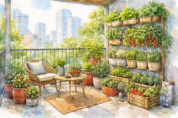 Fototapeta premium Watercolor illustration of a cozy urban balcony garden with potted vegetables and plants. City view, comfortable lounge chair, small wooden table. Sustainable gardening concept. Copy space available