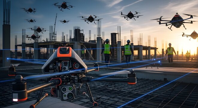 Autonomous drones scanning a construction site for digital mapping. Concept of smart construction, aerial technology, data analysis, automation, and advanced surveying innovation.