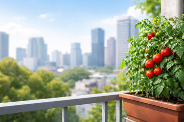 Fototapeta premium Tomato plant in pot on balcony overlooking city. Home gardening in urban apartment for sustainable living. Fresh vegetable growing on terrace with skyline background. Organic food production concept