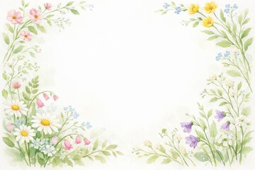 Fototapeta premium Watercolor spring flowers and foliage creating a floral border on white background. concept of nature, floral decoration, springtime illustration, copy space