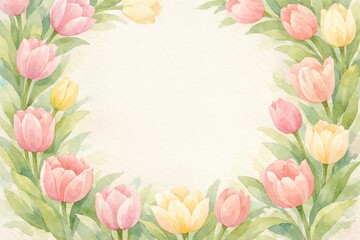 Obraz premium Watercolor spring background featuring pink and yellow tulips with green leaves for seasonal floral design. concept of nature, botanical art, springtime celebration, copy space