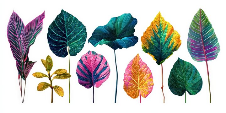 Vibrant tropical leaves collection isolated on white background exotic rainforest botanical graphic assets