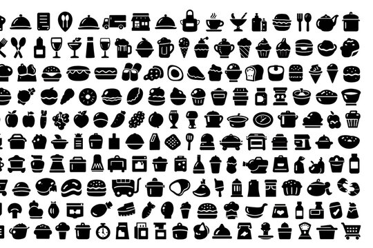Huge set of 200 solid icons. Mega collection concept of food, restaurant, kitchen, cooking and eating. 