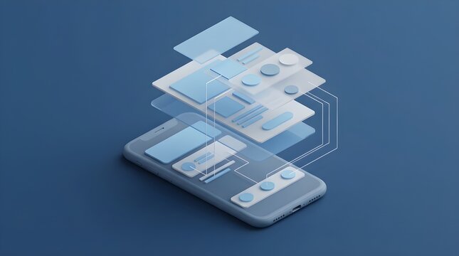Ilustraci&oacute;n 3D de Dise&ntilde;o de Interfaz M&oacute;vil con Capas Flotantes