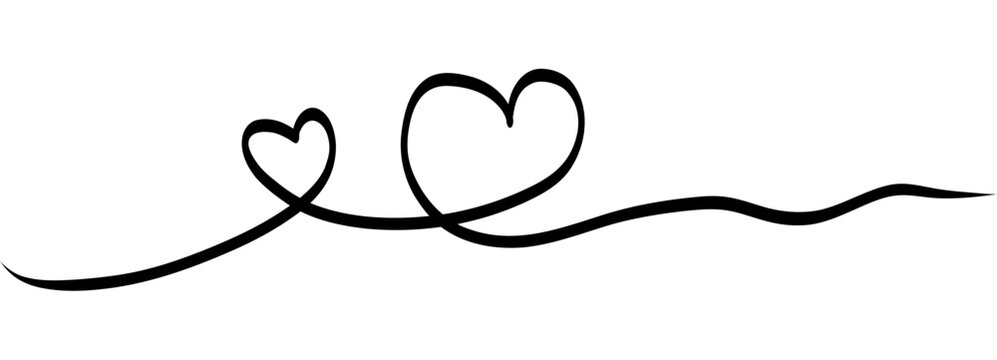 Continuous squiggle line clear heart silhouette in the center. Black freehand cable style stroke works as romantic divider for love quotes, wedding cards and Valentine layouts on white background.