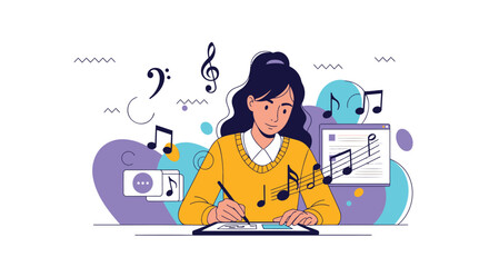 Vector illustration of woman composing music with musical notes