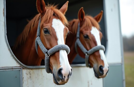 Two brown horses with white markings on faces peek out from inside transport trailer. Appear calm, observant. One horse looks directly at camera, looks slightly away. Trailer light color, with metal