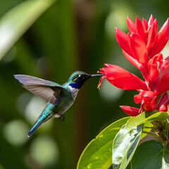 Fototapeta premium Hummingbird hovering mid-flight, sipping nectar from a vibrant red tropical flower. Wildlife photography capturing frozen motion, vivid green feathers, and exotic nature in perfect sharp focus.