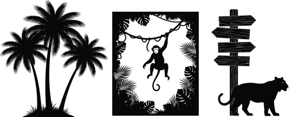 Tropical jungle silhouette set with palm trees monkey hanging on vine wooden signpost and tiger isolated on white background vector illustration for safari adventure travel and nature logo design © Mstlyzo