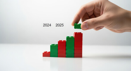 Naklejka premium Lego Brick Graph Showing Progress to 2025, Building Blocks Upward Trend for Success, Conceptual Vision Motivation Future Planning