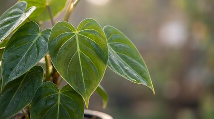 Obraz premium Lush green heart-shaped leaves with prominent veining in soft natural lighting for botanical and gardening projects.
