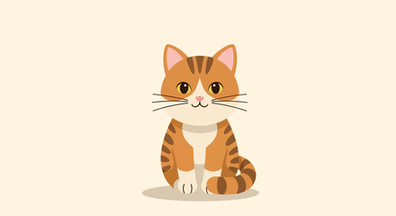 Obraz premium The cute orange tabby cat sits on a beige background looking directly at viewer.
