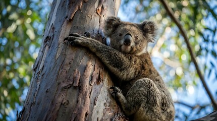 Fototapeta premium Adorable koala clinging to eucalyptus tree trunk in natural Australian habitat with soft sunlight filtering through green foliage creating peaceful wildlife scene.