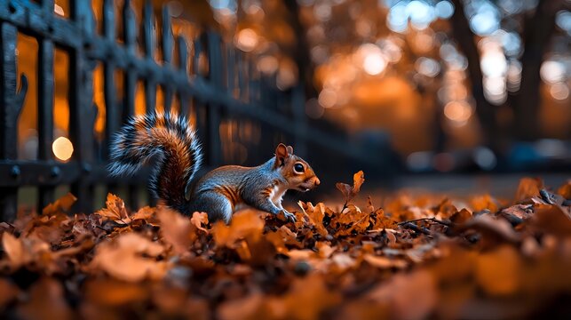 Adorable squirrel gathering nuts among colorful autumn leaves in urban park setting with warm golden hour lighting and fence background.