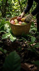 Fototapeta premium Farmer harvesting fresh cacao pods in wicker basket on plantation. Hands in gloves collecting ripe cocoa fruits among green tropical foliage for chocolate production.
