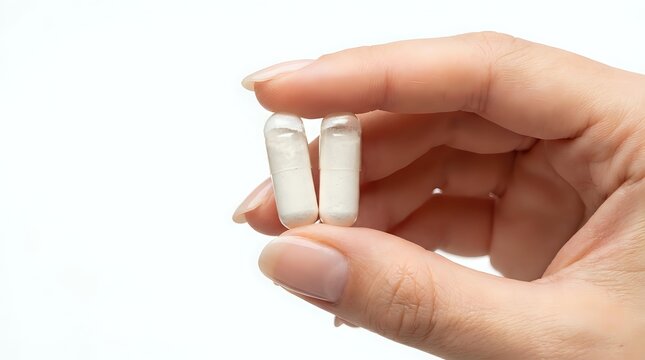 Hand holding two white capsules or pills against clean background for healthcare and pharmaceutical concepts.