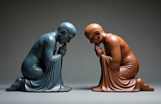 Two monks in prayer pose bow heads touching hands. One monk is blue, other is brown. They kneel on floor, showing deep respect and meditation.