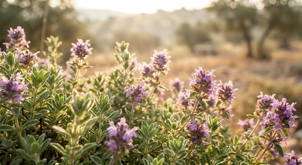 Obraz premium Wild rosemary herbs blooming with purple flowers in Mediterranean landscape during golden hour sunset light for natural wellness and aromatherapy concepts.